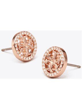 Tory Burch Rose Gold Miller Pave Logo Studs